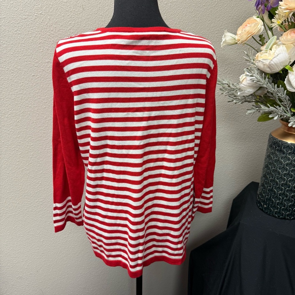 Peter Nygard Red Embellished Knit Top XL 3/4 Sleeve Striped Cuffs - Picture 4 of 9